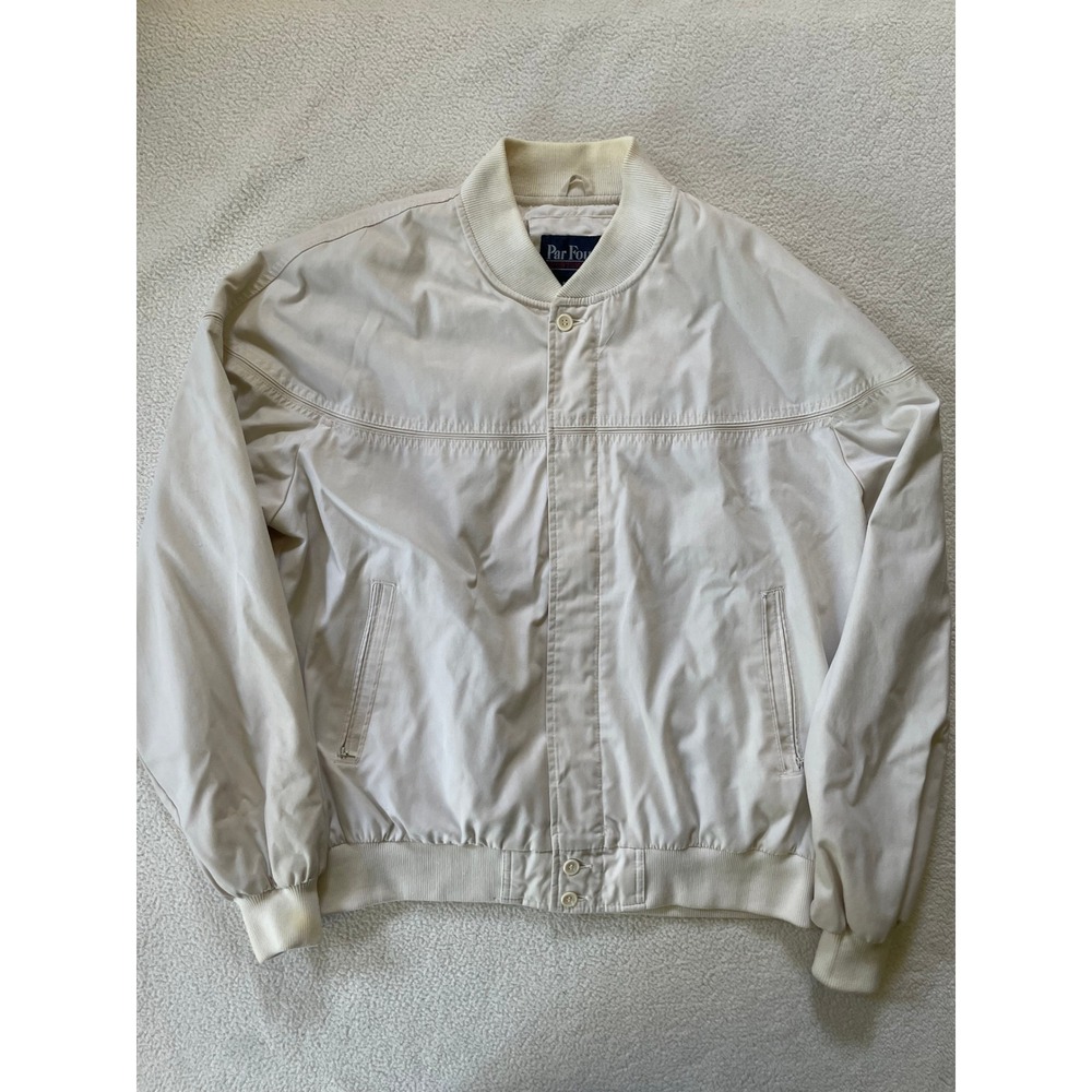 Par Four Mens XL Bomber Jacket Cream Vintage Lightweight Sportswear Full Button